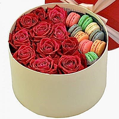 9 Macaron cookies, 11 red roses - Congratulations Flowers