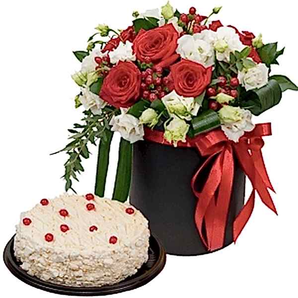 Red Roses Box with Cake - Anniversary Flowers