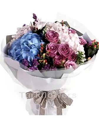 Blue Hydrangea & Lilac Roses Bouquet - Congratulations Flowers