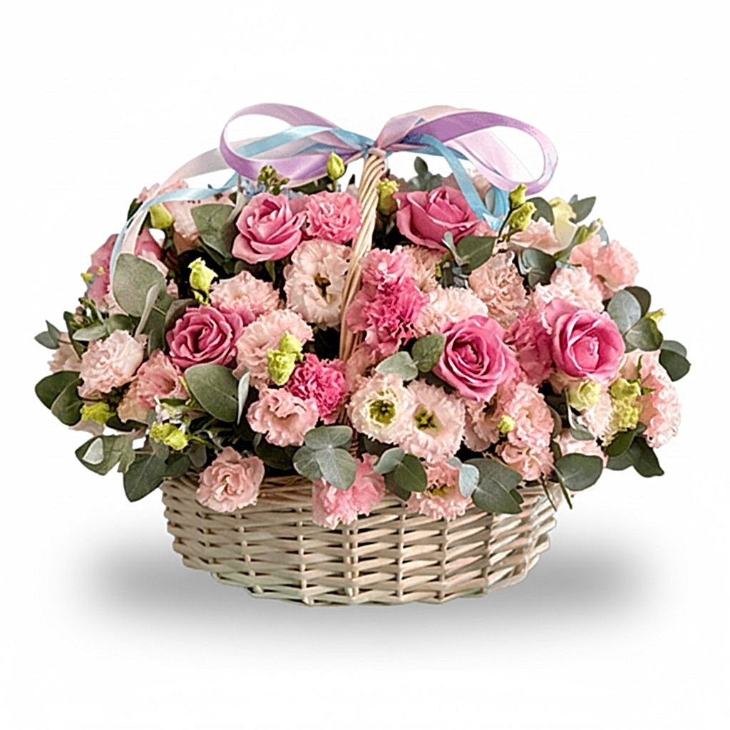 Pink Lisianthus & Roses Basket - Flower Baskets