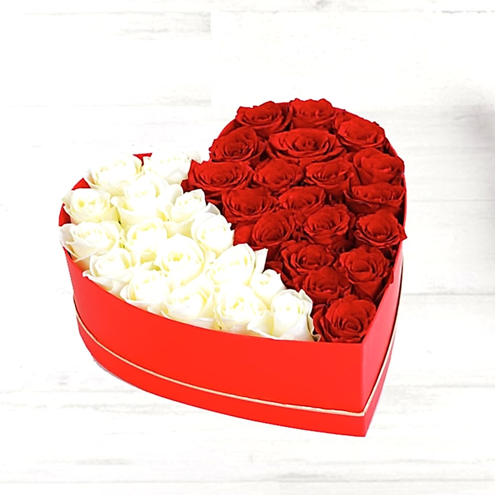 Heart Box with 20 Red and 20 White Roses - Roses