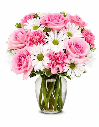 Pink Elegance – Roses, Carnations & Daisies in Vase - Eid Flowers & Gifts
