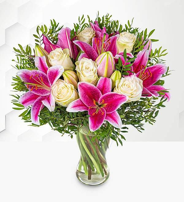 Pink lily and white roses - Congratulations Flowers