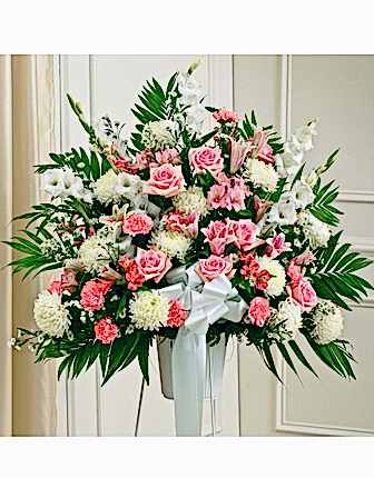Pink White Sympathy Standing Basket - Funeral Flowers