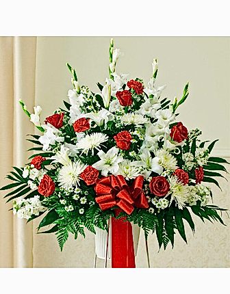 Red White Sympathy Standing Basket - Funeral Flowers