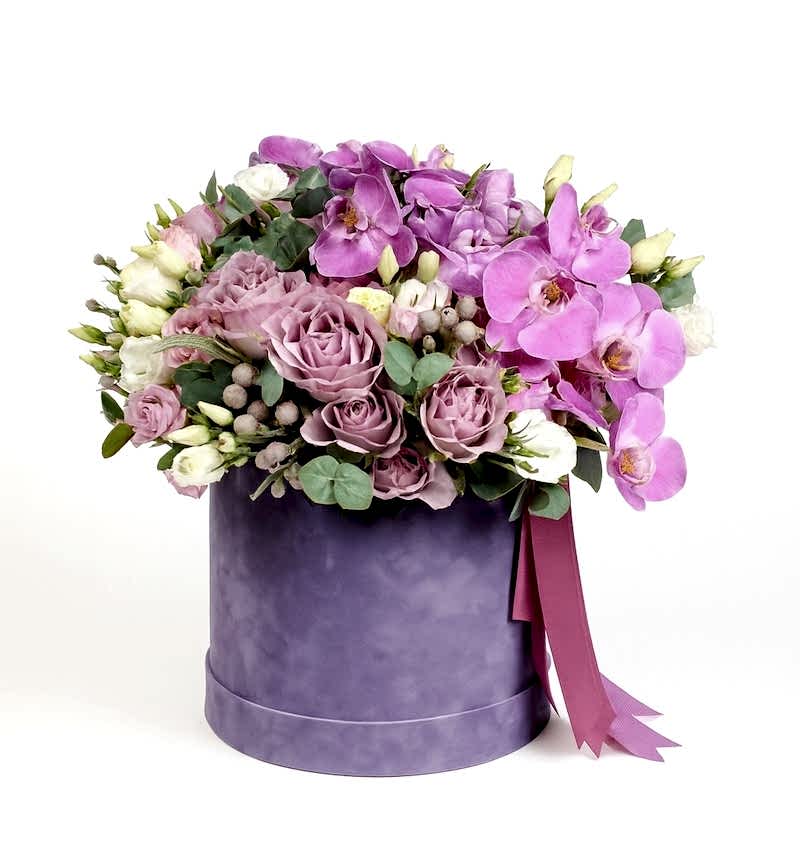 Luxury Purple Orchid & Rose Hat Box - Congratulations Flowers