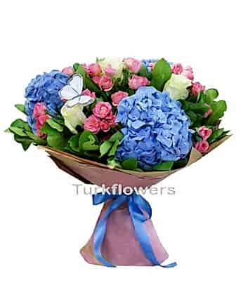 Blue Hydrangea & Pink Roses Bouquet Blue Hydrangea & Pink Roses Bouquet - Hydrangea Flowers