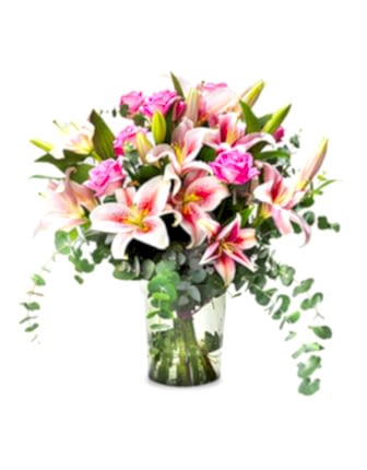 Pink Lilies and Roses in Glass Vase - Vase Arrangements