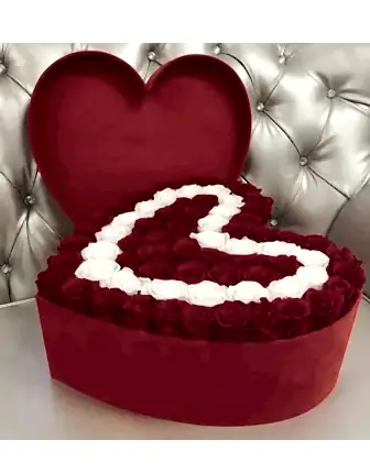 Heart Box with 75 Red and White Roses - Roses