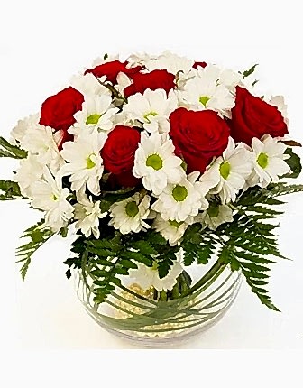 Red Roses and White Daisies in Vase - Congratulations Flowers