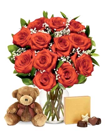 12 Red Roses with Chocolate & Teddy Bear - Vase Arrangements