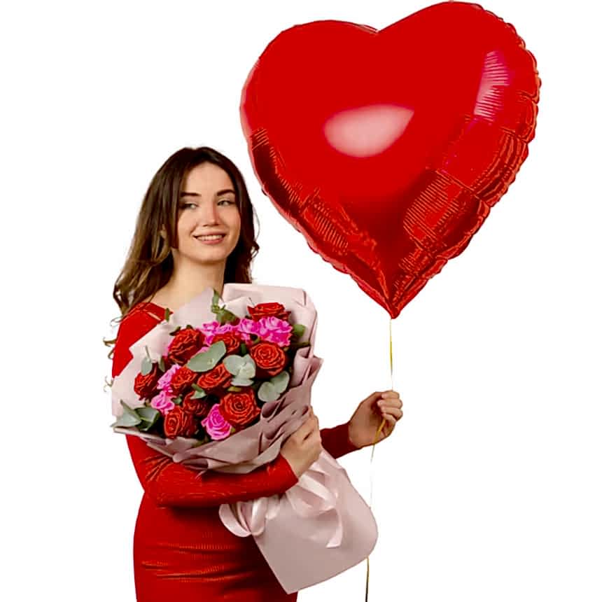10 Red & 9 Pink Roses Bouquet with Heart Balloon - Valentines Day