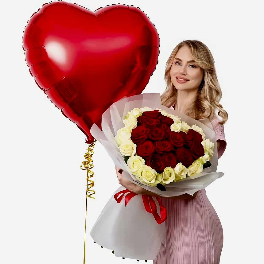 15 Red & 16 White Roses Bouquet with Heart Helium Balloon - Valentines Day