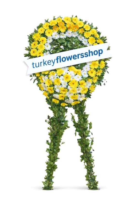 Yellow & White Gerbera Funeral Wreath Stand - Funeral Flowers