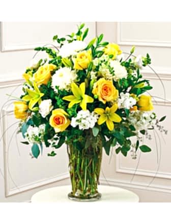 Yellow & White Large Sympathy Vase Arrangement - Funeral Flowers